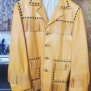 Vintage Fringe Western Jacket with Brown Leather Trim Front Pockets Women's L